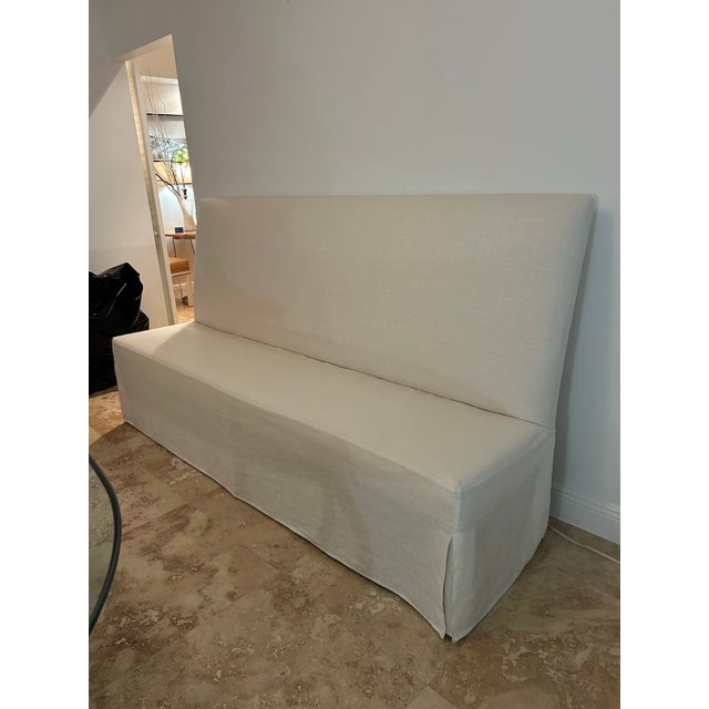 Contemporary Cream Linen and Blond Wood 7-Foot-Long Bench For Sale - Image 3 of 12