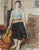 Oil on canvas, a pensive interior portrait (circa 1960s) by carlo striccoli depicting a woman standing beside her guitar...