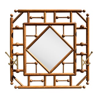 Early 20th Century Stick and Ball Black Forest Adirondack Style Carved Wood Mirror With Brass Hooks For Sale