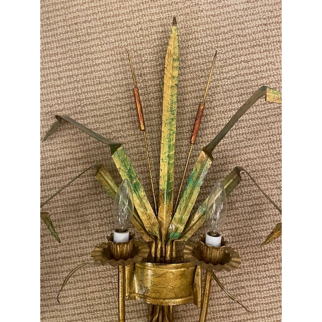 Pair of Vintage Gilt Double Arm Wheat Sconces For Sale - Image 4 of 6