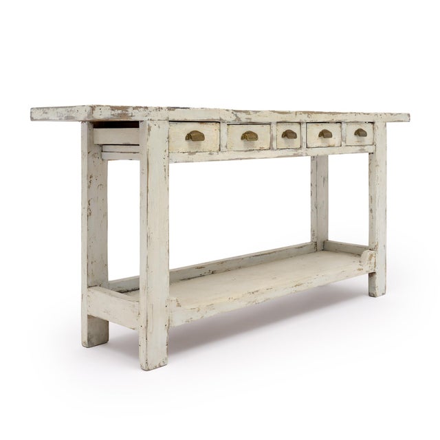 Industrial, French antique worktable made of solid wood construction and features a hand-painted and patinated white paint...
