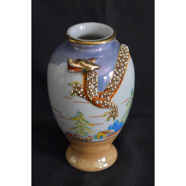 Japanese Vintage Japanese Porcelain Vase Dragon Ware Moriage Lusterware Hand Painted 6.5" For Sale - Image 3 of 14
