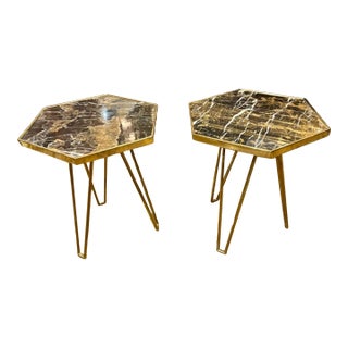 Pair of Italian MCM Brass and Marble Hex Tables For Sale