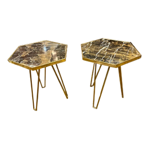 Pair of Italian MCM Brass and Marble Hex Tables