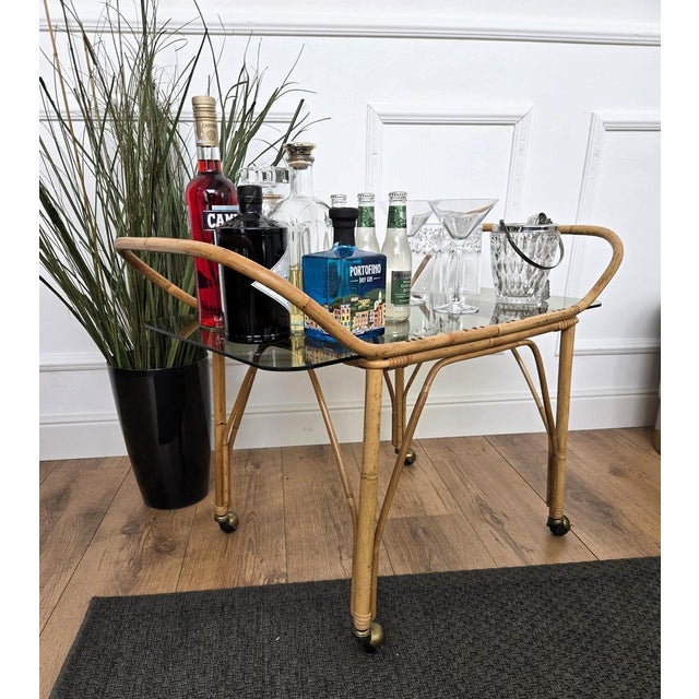 Franco Albini Bohemian French Bamboo & Rattan Glass Serving Bar Cart by Franco Albini, 1970s For Sale - Image 4 of 8
