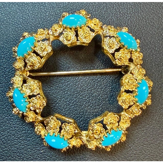 Blue 3 Carat Sleeping Beauty Turquoise Circular Pin in 18 Kt Yellow Gold , Estate For Sale - Image 8 of 8