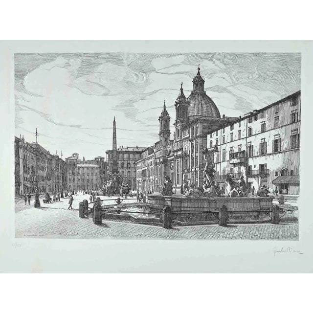 Giuseppe Malandrino, View of Piazza Navona, Original Etching, 1970s For Sale