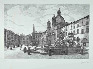 Giuseppe Malandrino, View of Piazza Navona, Original Etching, 1970s