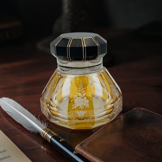 Black Vintage Glass & Enamel Inkwell – Octagonal Cut Glass With Black & Gold Hinged Lid – Decorative Desk or Vanity Accent For Sale - Image 8 of 8