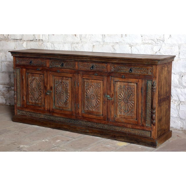 Antique Hand-Carved Long Sideboard – Rustic Wood Credenza Tv Console 88x40 For Sale - Image 4 of 8