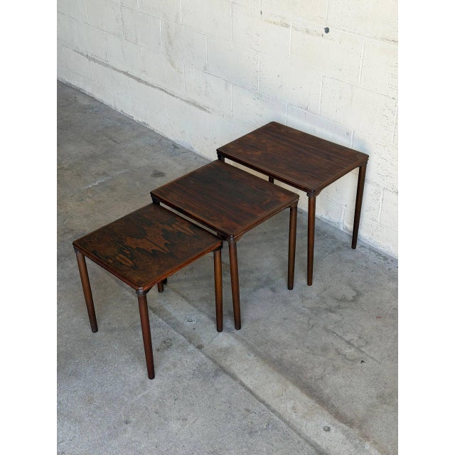 Rosewood Stacking Nesting Tables Three Piece Set Denmark Vintage 1960s For Sale - Image 9 of 10