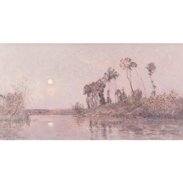 Hippolyte-Camille Delpy, (French, 1842-1910). A wooded river landscape at Dusk. Oil on panel. Measures: 16 x 29-1/2 inches...