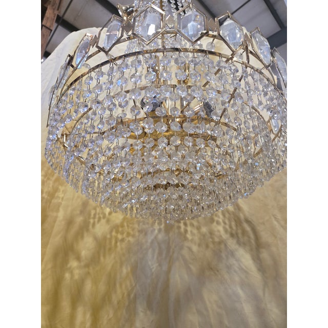 Glass 1960s Mid-Century Modern Gilt / Brass-Plated & Crystal 9-Light Chandelier For Sale - Image 7 of 7