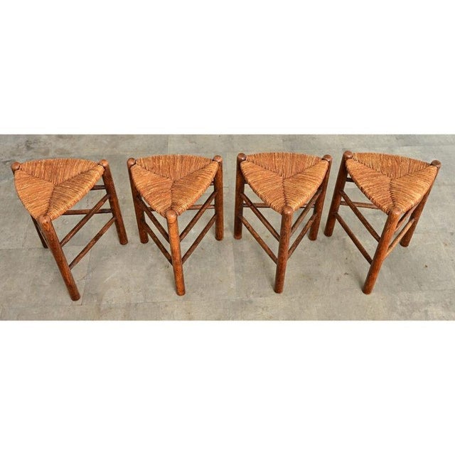 Mid-Century Modern French Vintage Set of Four Oak and Rush Seat Triangular Stools For Sale - Image 3 of 9