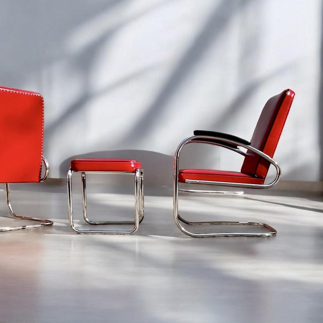 Bauhaus Modern Tubular Steel Seating Group Set of 2 Cantilever Armchairs and 1 Stool Ottoman by Mauser Werke, Mod. RS7 & RH1, Germany, 1935 For Sale - Image 17 of 18