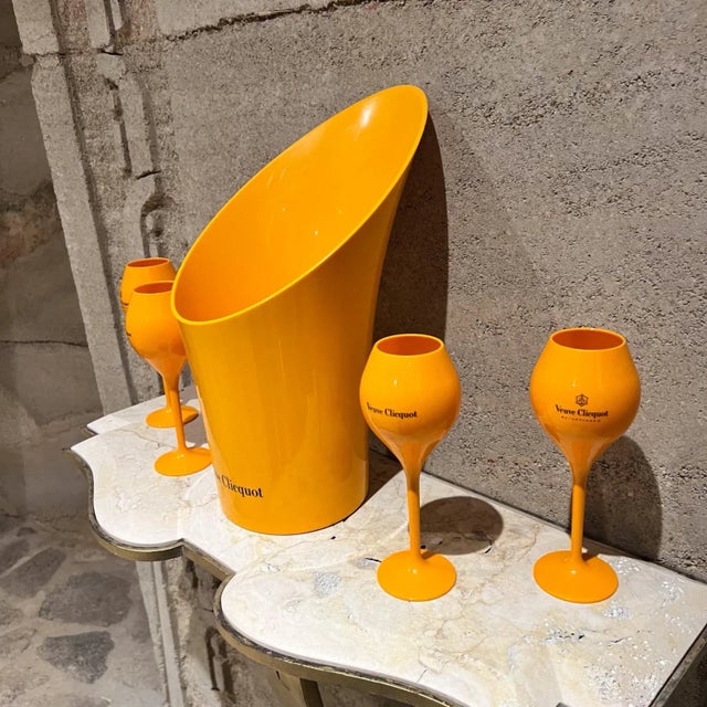French Veuve Clicquot Orange Champagne Ice Bucket Four Glass Set For Sale - Image 12 of 12
