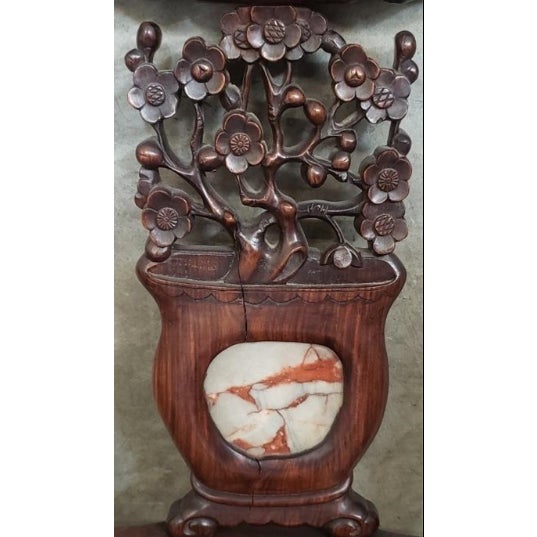 1950s Pair of Hand-Carved Chinese Hardwood Horseshoe Back Side Chairs With Marble Insets For Sale - Image 5 of 5