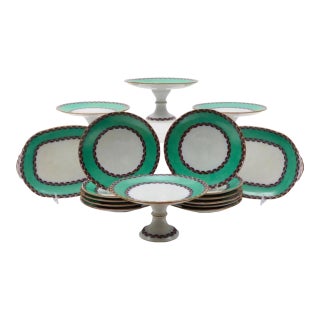 19th Century English Green Porcelain Dessert or Dinner Service Plates and Footed Compotes For Sale