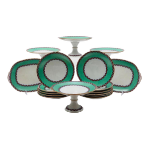 19th Century English Green Porcelain Dessert or Dinner Service Plates and Footed Compotes