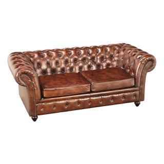 Chesterfield Style Brown Leather Sofa For Sale