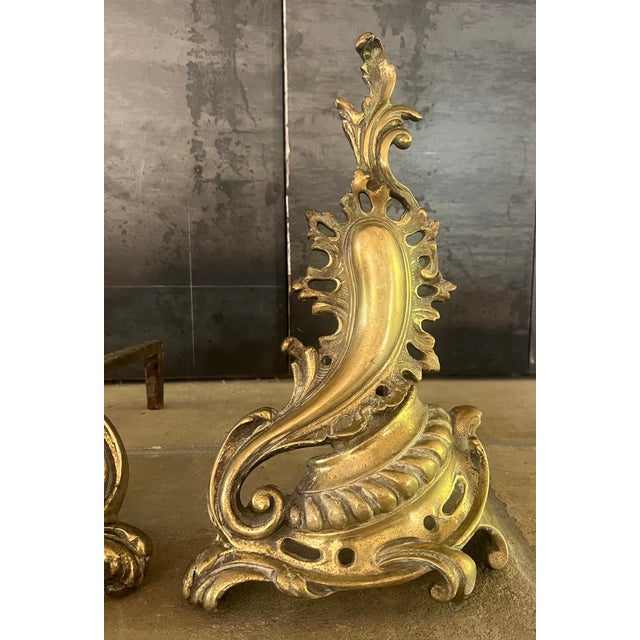 Rococo French Louis XV Rococo Style Brass Andirons For Sale - Image 3 of 8