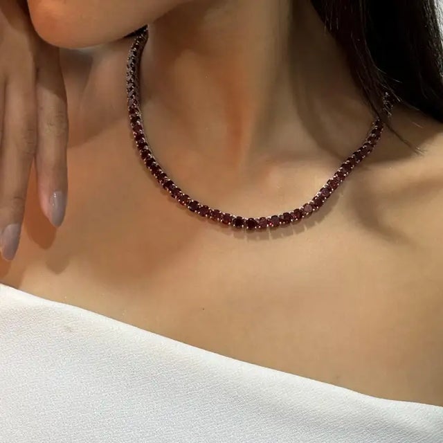 Red Modern 5mm Round Garnet Tennis Necklace Crafted in Sterling Silver- Gift for Women For Sale - Image 8 of 10