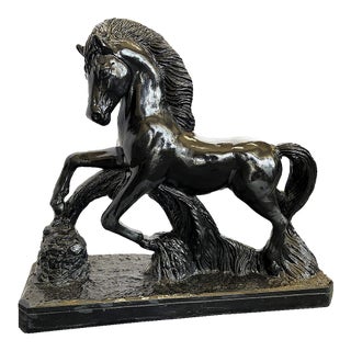 Mid Century Ceramic Rearing Black Stallion Figure Signed 'R R' Possibly Italian Sculptor Renato Rumonato For Sale