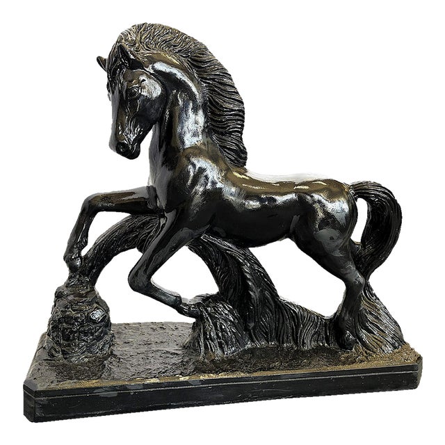Mid Century Ceramic Rearing Black Stallion Figure Signed 'R R' Possibly Italian Sculptor Renato Rumonato For Sale