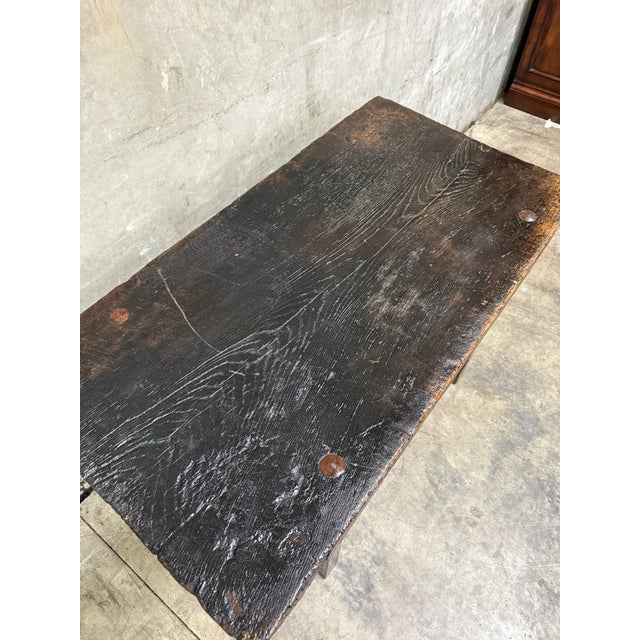 18th C. Spanish Beautifully Rustic Carved-Wood Trestle-Leg Table With Drawer For Sale - Image 18 of 18