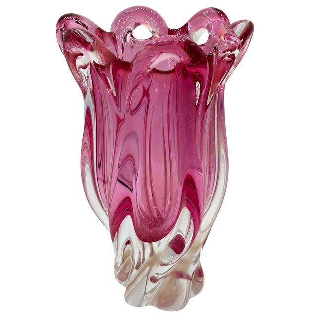 Mid-century Czech cranberry art glass vase by Josef Hospodka for Chřibská glassworks. The vase features a Beautiful pink...