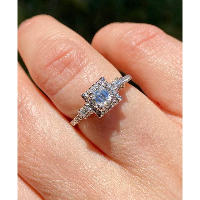 Vintage Dainty Emerald Cut Natural Diamond Ring in 18k White Gold, Size 6.5 For Sale - Image 4 of 5