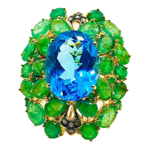 Bochic “Orient” Vintage Emeralds, Topaz & Diamonds Set In 18K Gold & Silver