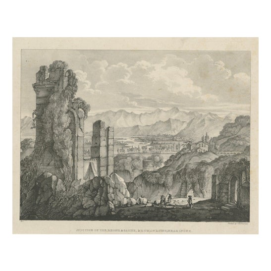 Hullmandel, Junction of the Rhone and Saone, Roman Ruins near Lyons, Lithograph, 1835 For Sale