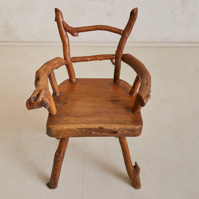 Brown French Folk Art Hand-Carved Wood Armchair, 1960s For Sale - Image 8 of 11