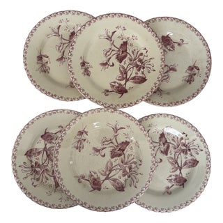 Antique 19th Century Plates in Ironstone Red Honeysuckle and Earthenware from Gien, 1890s, Set of 6 For Sale