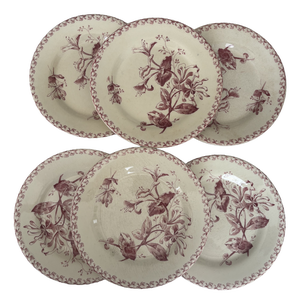 Antique 19th Century Plates in Ironstone Red Honeysuckle and Earthenware from Gien, 1890s, Set of 6