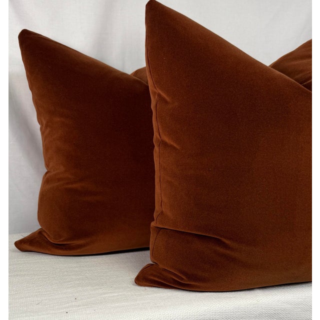 Custom pair of 22" pillows covered in a clay colored cotton velvet. These pillows have tapered corners to prevent dog...