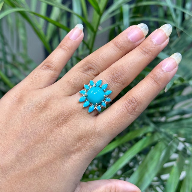 Art Deco 6.7ct Turquoise Sunburst Art Deco Vintage Ring in 14k Yellow Gold Size 4 For Sale - Image 3 of 16