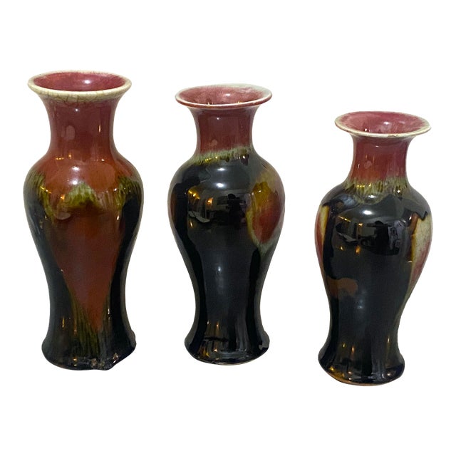 Set of Three! Colorful Ombre Flambé Glazed Chinese Porcelain Vases For Sale