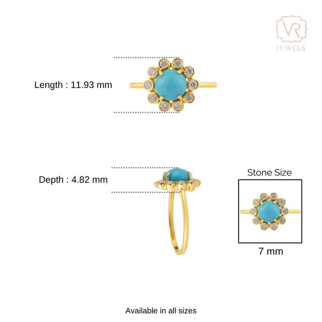 1.25ct Turquoise & Diamond Floral Vintage Cocktail Ring Size 6 in 14k Yellow Gold For Sale - Image 12 of 15