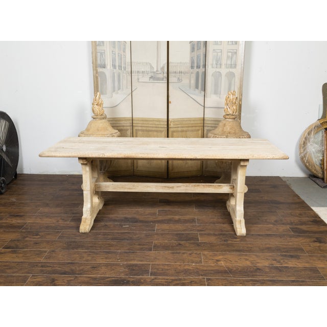 Rustic English 19th Century Natural Wood Farm Table with Trestle Base For Sale - Image 4 of 11