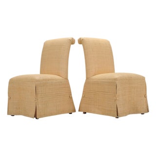 Pair of Skirted Scroll-Back Woven Raffia Slipper Chairs For Sale