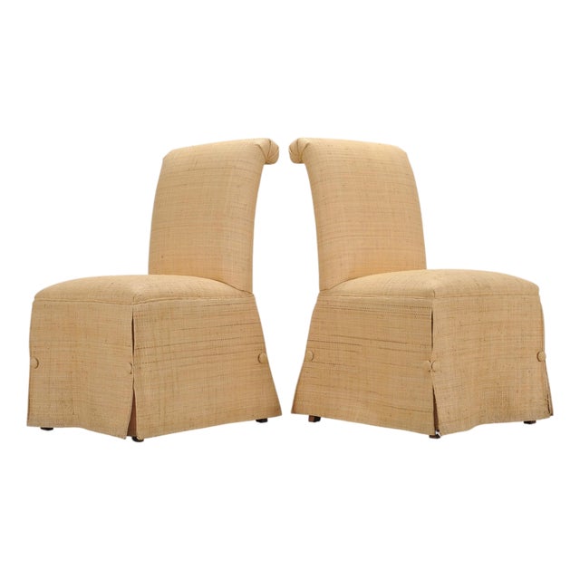 Pair of Skirted Scroll-Back Woven Raffia Slipper Chairs For Sale