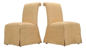 Pair of Skirted Scroll-Back Woven Raffia Slipper Chairs