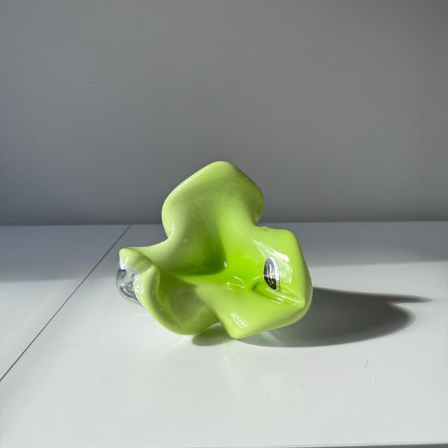 Vintage Murano style crystal ashtray in bright green cased glass with controlled bubbles. The piece is sticker with Asfour...