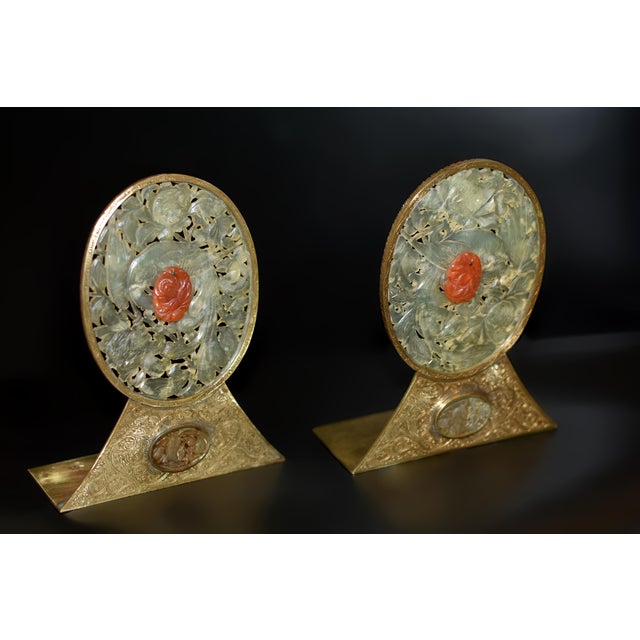 Antique Chinese Jade Red Agate Engraved Brass Bookends- a Pair For Sale - Image 11 of 12