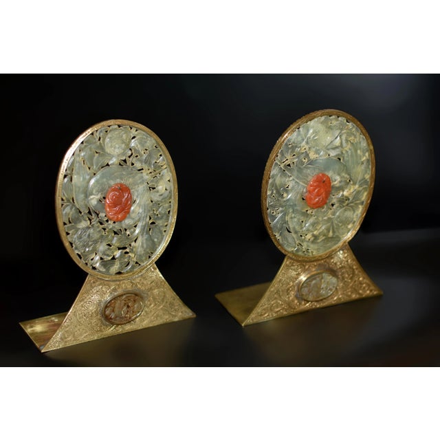 Pair Antique Chinese Serpentine Jade Red Agate Engraved Brass Bookends For Sale - Image 12 of 13