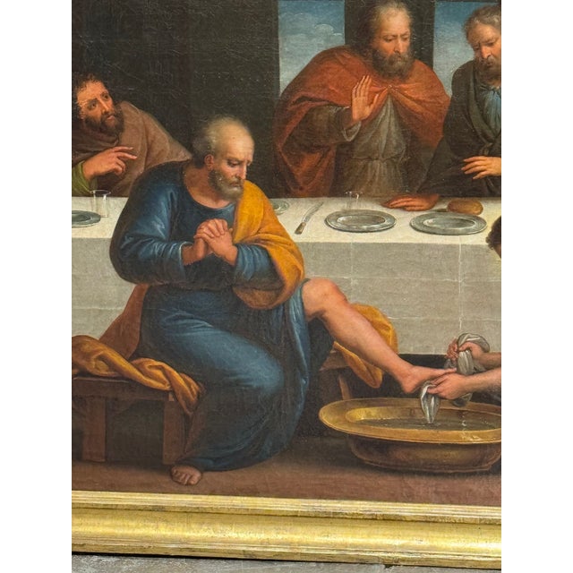 Wood 19th C. Italian Oil Painting of Jesus Washing Feet For Sale - Image 7 of 13