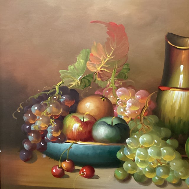 Vintage Original Still Life Oil Painting on Canvas Fruit and Wine Scene by Parkey For Sale - Image 4 of 11