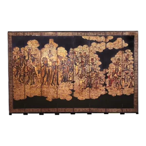 20th Century Chinese Coromandel Black Gilt Eight-Panel Screen Immortals Sky Gods